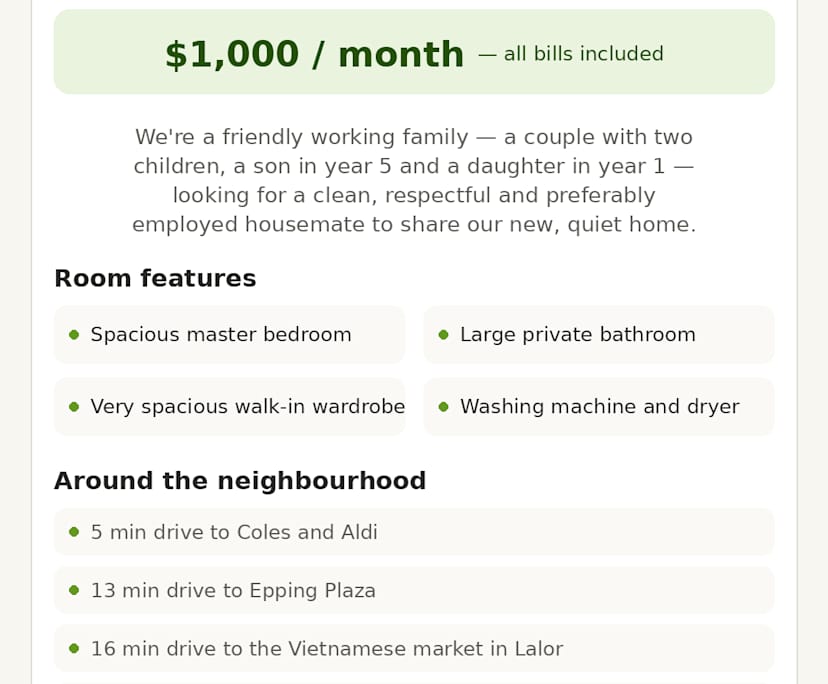 Furnished room with ensuite in a share house