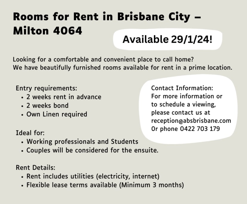 2 Rooms for Rent in Milton, Brisbane 295325, Fur...